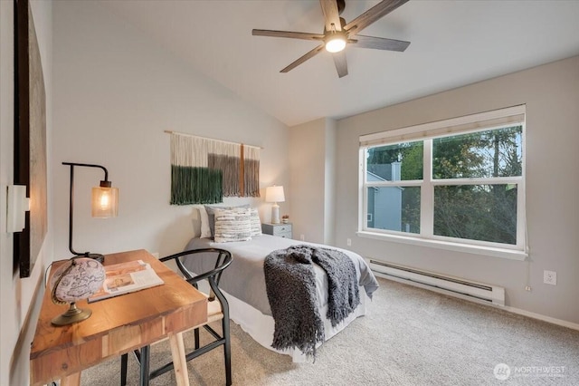 3116 164th St SW Unit 2101, Lynnwood, WA 98087 - carpeted bedroom with baseboard heating, lofted ceiling, baseboards, an office area, and a ceiling fan