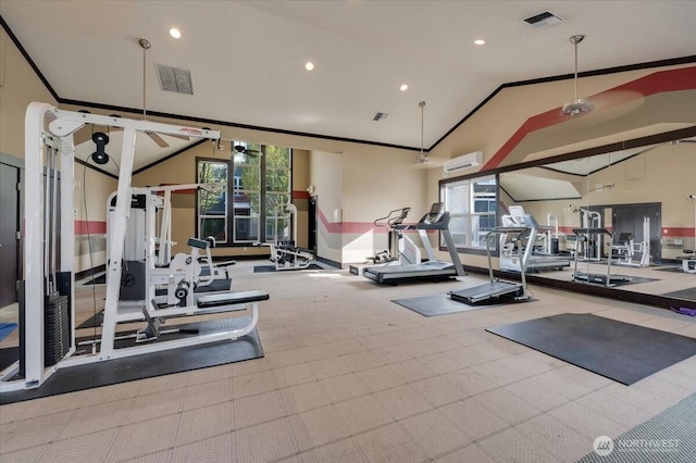 3116 164th St SW Unit 2101, Lynnwood, WA 98087 - workout area with a wall mounted air conditioner, plenty of natural light, recessed lighting, crown molding, and baseboards
