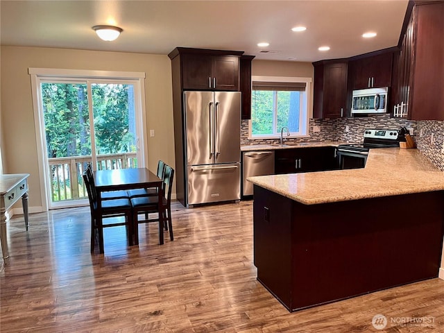 kitchen with a sink, dark brown cabinetry, a peninsula, decorative backsplash, and appliances with stainless steel finishes