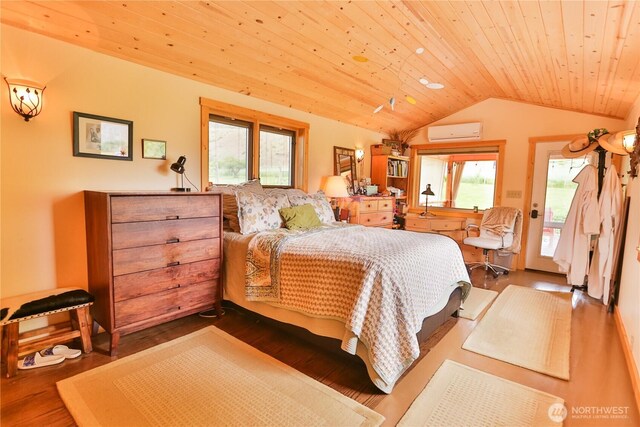 240 Mcfarland Creek Rd, Methow, WA 98834 - bedroom with lofted ceiling, a wall unit AC, wooden ceiling, dark wood finished floors, and access to outside