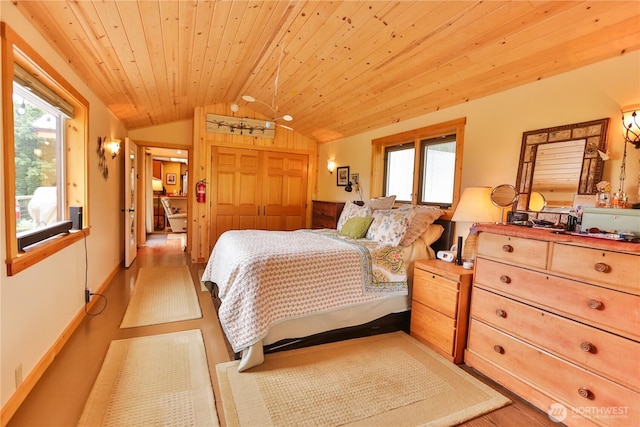 240 Mcfarland Creek Rd, Methow, WA 98834 - bedroom featuring vaulted ceiling, wood ceiling, light wood-style floors, and multiple windows