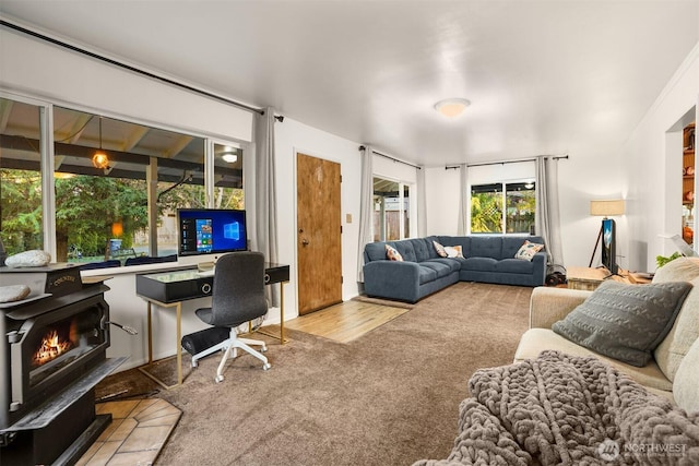 carpeted living area featuring a wood stove