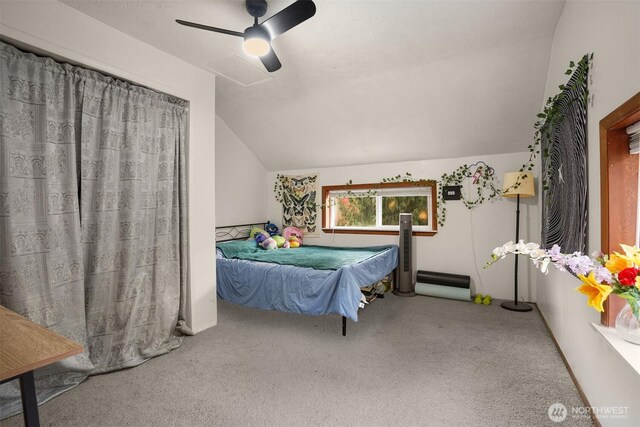 bedroom with vaulted ceiling, billiards, carpet flooring, and ceiling fan