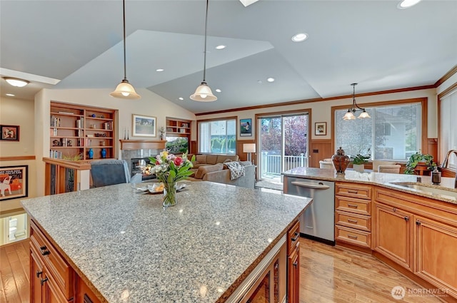 kitchen with appliances with stainless steel finishes, a sink, light wood finished floors, a glass covered fireplace, and lofted ceiling