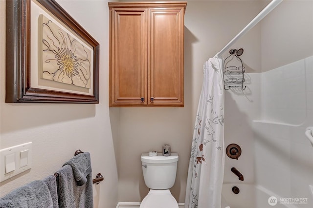 bathroom with toilet and shower / bathtub combination with curtain