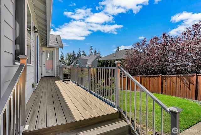 wooden terrace with a lawn and a fenced backyard