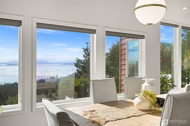 dining area featuring plenty of natural light and a water view