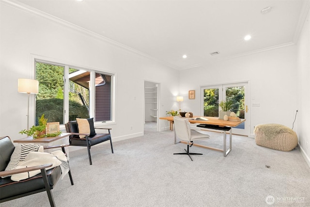 carpeted office space with baseboards, ornamental molding, visible vents, and recessed lighting