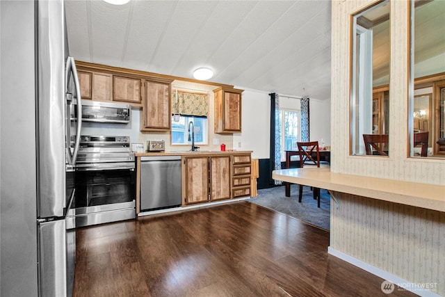 kitchen featuring brown cabinetry, dark wood-type flooring, light countertops, a sink, and appliances with stainless steel finishes