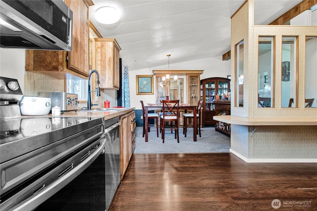 kitchen featuring vaulted ceiling, light countertops, a sink, dark wood-style floors, and stainless steel appliances