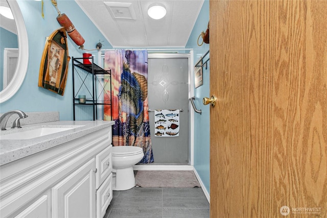 full bathroom with toilet, a shower stall, and vanity