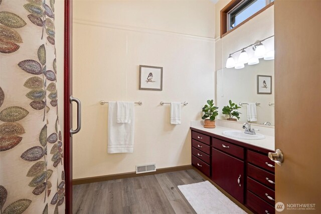 bathroom featuring wood finished floors, vanity, and a shower with curtain