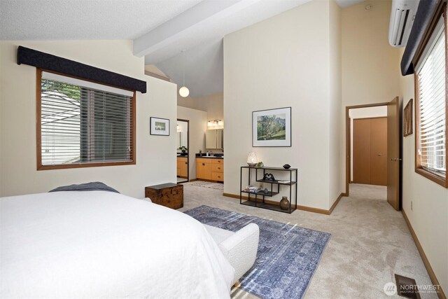 bedroom with light carpet, high vaulted ceiling, beamed ceiling, baseboards, and a wall mounted AC