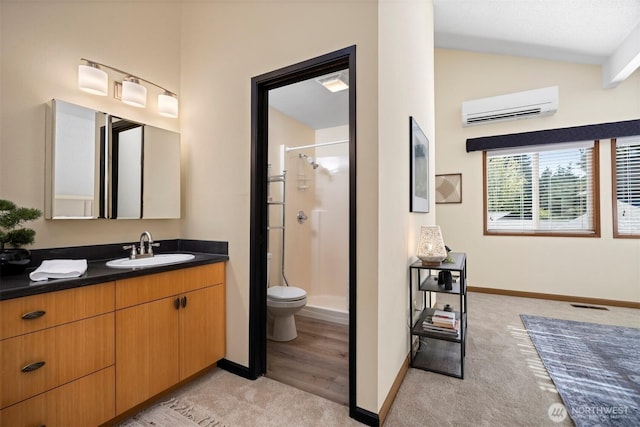 bathroom featuring a wall mounted AC, a shower stall, lofted ceiling, vanity, and baseboards