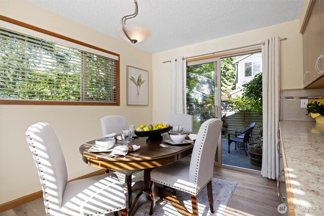 dining room with wood finished floors and a textured ceiling