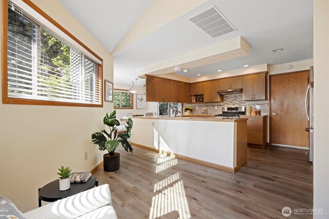 kitchen with appliances with stainless steel finishes, brown cabinetry, wood finished floors, under cabinet range hood, and a peninsula