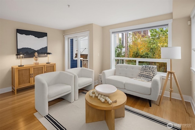 living room with baseboards and light wood finished floors