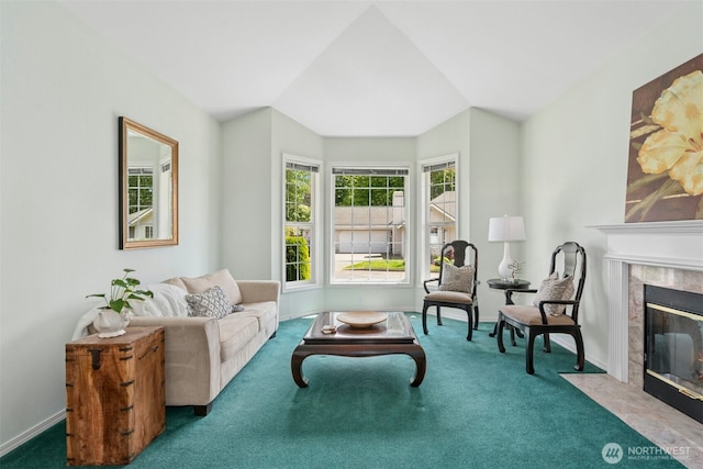 10116 SE 188th St, Renton, WA 98055 - living room featuring carpet floors, a fireplace, and baseboards