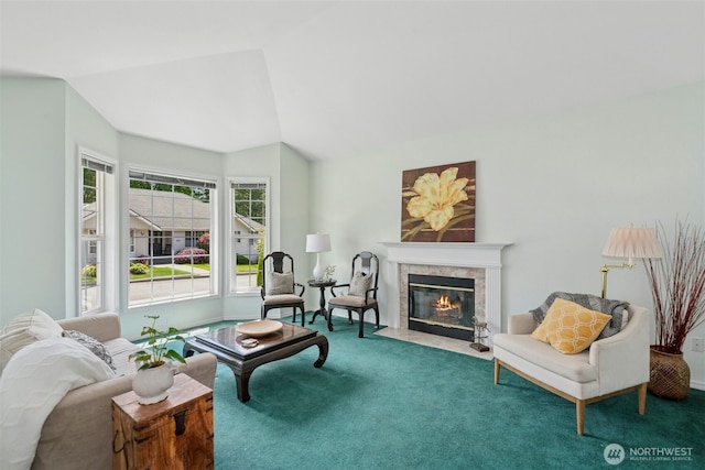 10116 SE 188th St, Renton, WA 98055 - living room with a fireplace, carpet, and lofted ceiling