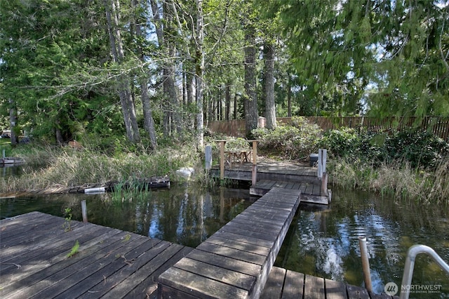 dock area with fence and a water view