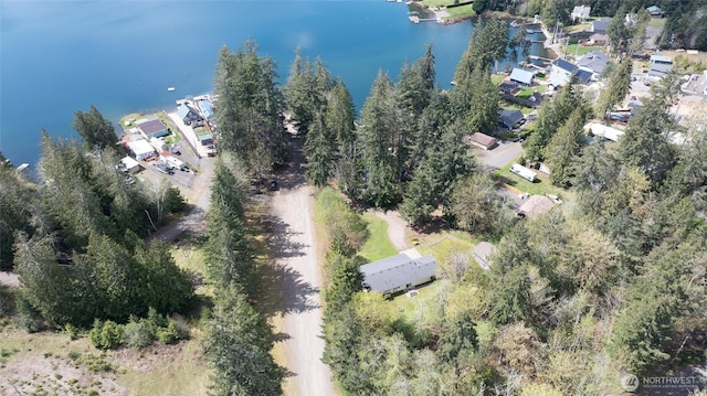 drone / aerial view featuring a water view and a residential view