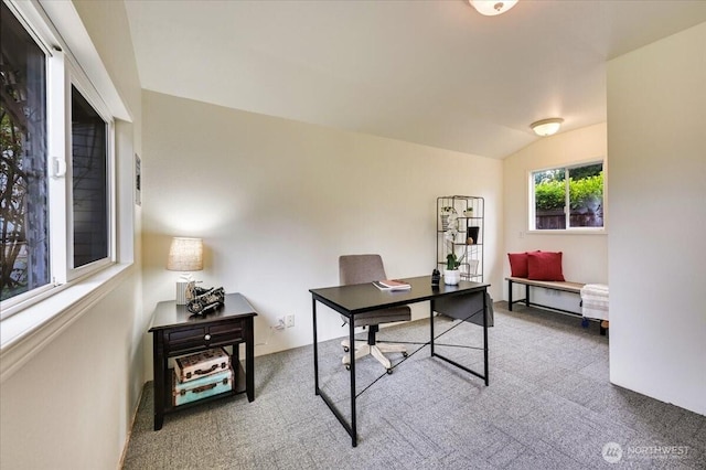 office featuring carpet flooring and lofted ceiling