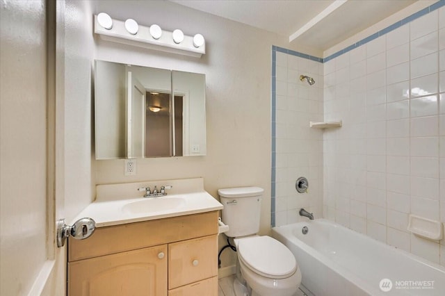 bathroom with toilet, shower / tub combination, vanity, and baseboards