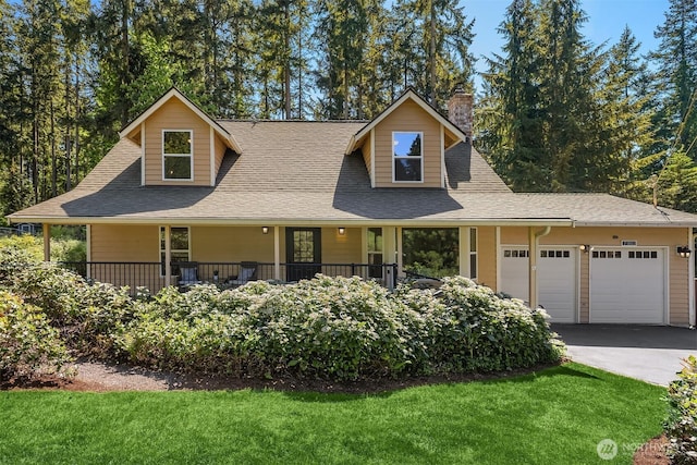 view of front of house with an attached garage, aphalt driveway, a front yard, and a chimney