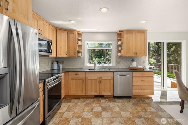 kitchen featuring open shelves, a sink, appliances with stainless steel finishes, and tasteful backsplash