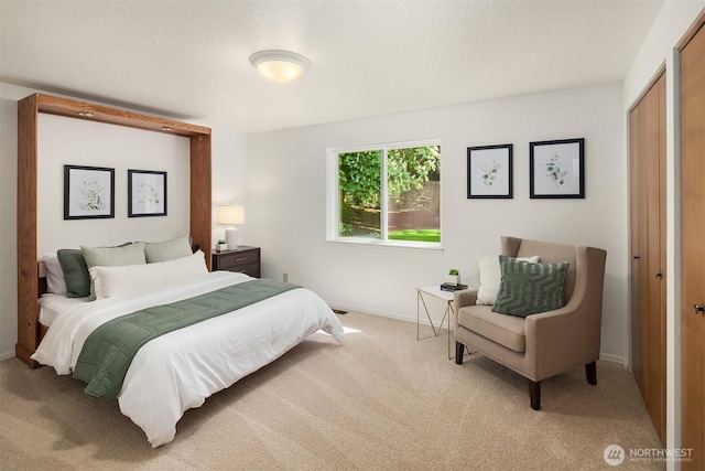 bedroom with carpet floors, baseboards, and a closet