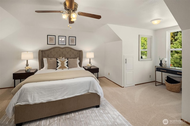 bedroom with carpet floors, baseboards, and a ceiling fan