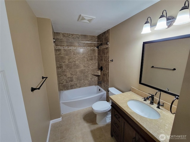 bathroom with tile patterned floors, vanity, toilet, and shower / bath combination