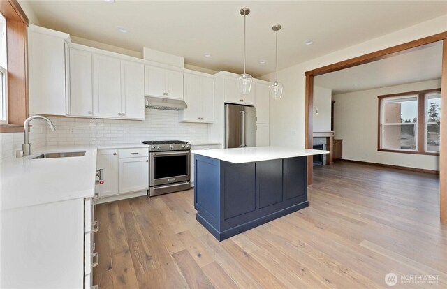 kitchen with stainless steel appliances, a sink, white cabinetry, light countertops, and under cabinet range hood