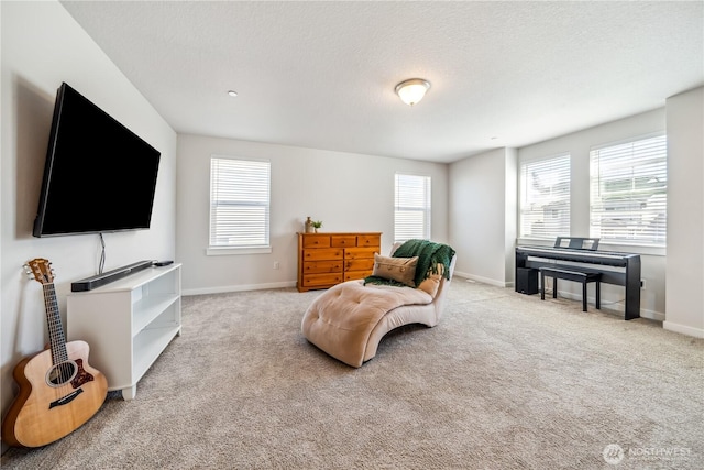 living area featuring carpet floors, a textured ceiling, and baseboards