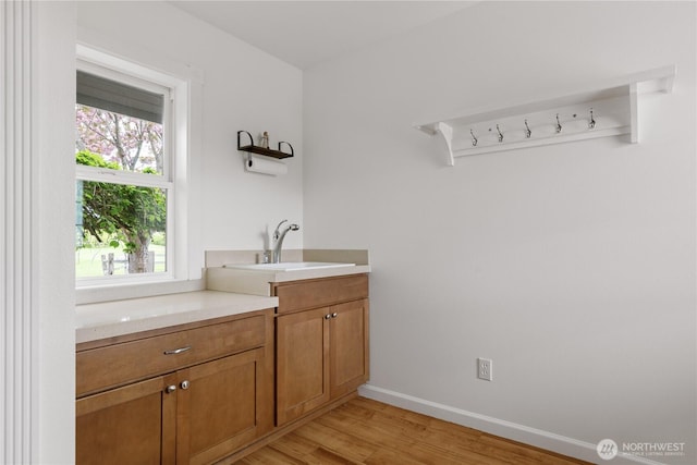 interior space featuring light wood-style floors and a sink