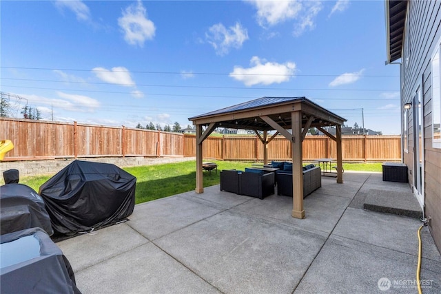 view of patio / terrace featuring a gazebo, a fenced backyard, central AC unit, an outdoor living space, and a grill