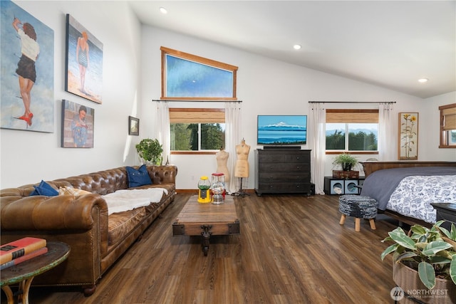 living room featuring recessed lighting, vaulted ceiling, wood finished floors, and plenty of natural light