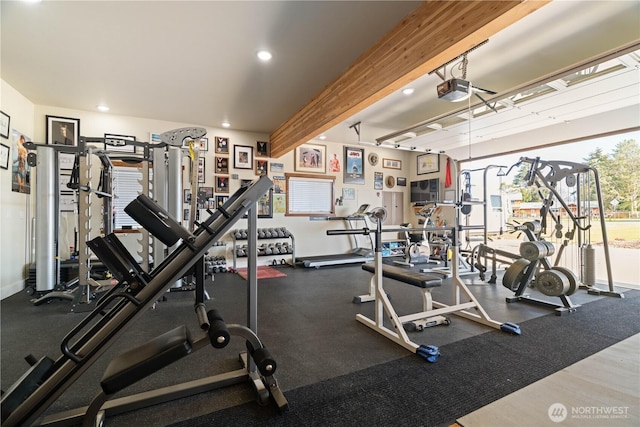 workout area featuring recessed lighting
