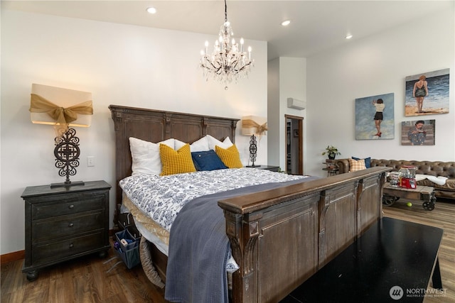 bedroom with a chandelier, dark wood-style flooring, and recessed lighting