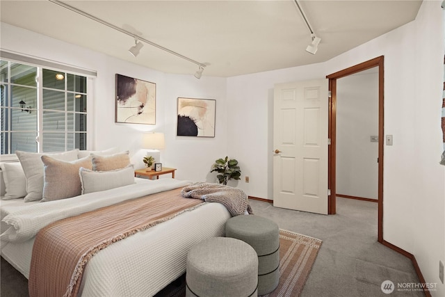carpeted bedroom featuring track lighting and baseboards