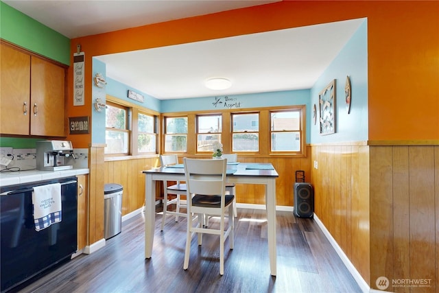 138 SE 5th Ave, Milton-Freewater, OR 97862 - dining area featuring a wainscoted wall, dark wood-style flooring, and wood walls