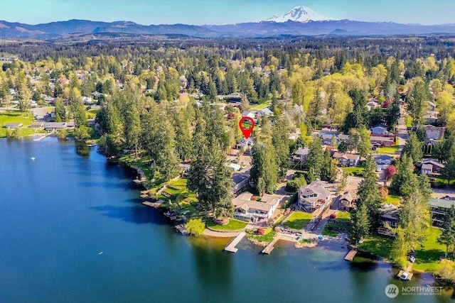 aerial view featuring a forest view and a water and mountain view