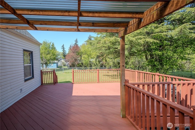wooden terrace featuring a fenced backyard and a yard