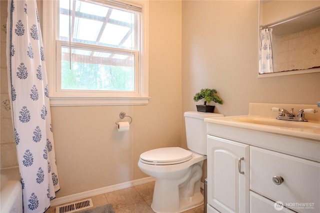 bathroom with visible vents, tile patterned flooring, vanity, toilet, and baseboards