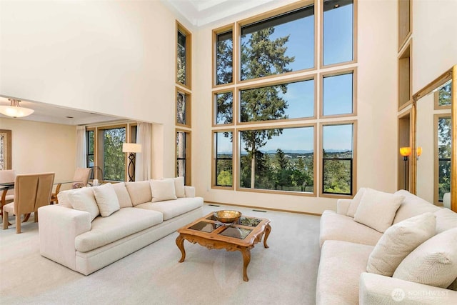 living room featuring a high ceiling and carpet