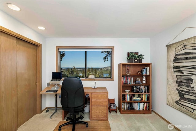 carpeted home office with baseboards and recessed lighting