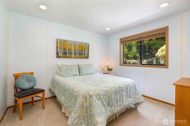 bedroom featuring light colored carpet, baseboards, and recessed lighting