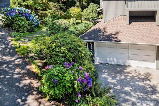 view of side of property with roof with shingles