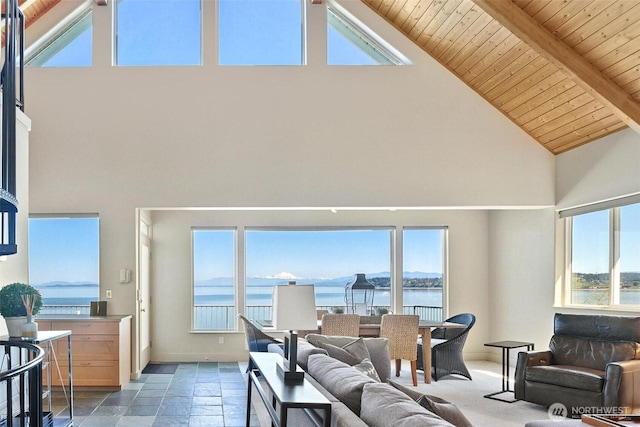 250 Fay Ln, Camano Island, WA 98282 - living room with stone tile floors, beamed ceiling, high vaulted ceiling, a water view, and wooden ceiling
