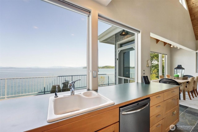 250 Fay Ln, Camano Island, WA 98282 - kitchen with light brown cabinetry, a sink, light countertops, stainless steel dishwasher, and a water view